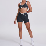 New cross-border double-sided brushed contrasting color tight-fitting breathable cross-over yoga outfit set for sports, running, and fitness two-piece set