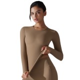 New double-sided brushed solid color long yoga shirt with long sleeves, high elasticity, breathable, suitable for sports, running, fitness, and casual wear for women
