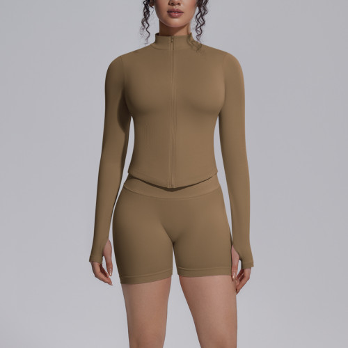 Cross-border seamless solid color tight-fitting high-elastic breathable stand-up collar zip-up jacket sports running fitness yoga outfit for women