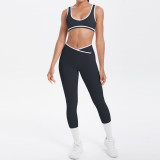 New cross-border brushed fabric color-block tight-fitting breathable cross-over wide-leg yoga outfit set for sports, running, and fitness two-piece set