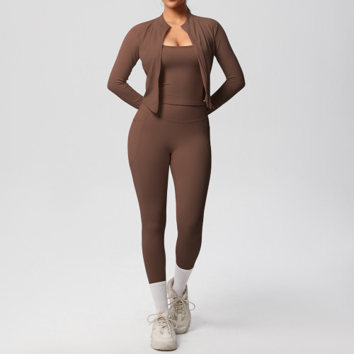 New European and American cross-border cloud-feel brushed sports vest with pockets, long pants, casual butt-lifting fitness yoga outfit three-piece set