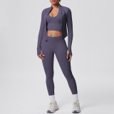 Cross-border seamless solid color tight-fitting breathable high-elasticity yoga outfit set for sports, running, and fitness, three-piece yoga set