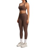 Cross-border European and American solid color double-sided brushed fabric cross-back sports bra and yoga outfit set for running and fitness two-piece set