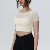 New cross-border solid color mesh double-layer breathable faux two-piece short-sleeve top for casual sports, running, fitness, and yoga