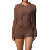 European and American cross-border cloud-feel brushed long-sleeve sports zip-up jacket, running butt-lifting fitness yoga three-piece set for women