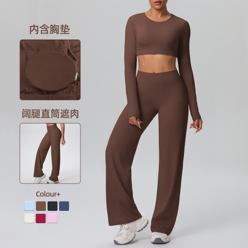 New cross-border solid color double-sided brushed nude-feel tight-fitting wide-leg sports yoga outfit set for running and fitness two-piece set