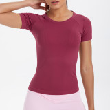 Cross-border European and American seamless knitted solid color breathable tight-fitting short-sleeve T-shirt for sports, running, fitness, and yoga for women