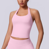 New seamless solid color halter neck sports tank top for women, suitable for running, fitness, and yoga