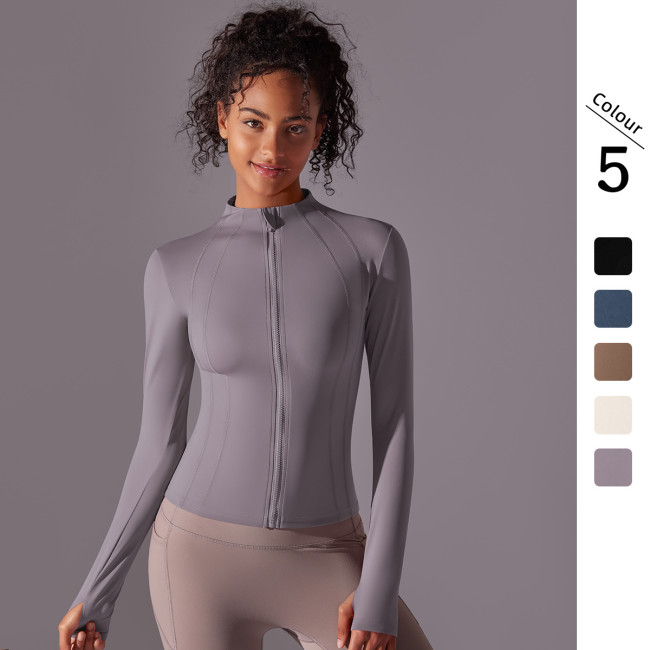 New solid color slim-fit stand-up collar zip-up long-sleeve jacket, brushed fabric sports running fitness long yoga top for women