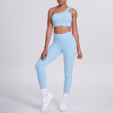 Cross-border European and American double-sided nylon brushed one-shoulder yoga outfit set, sports running fitness long pants two-piece set for women