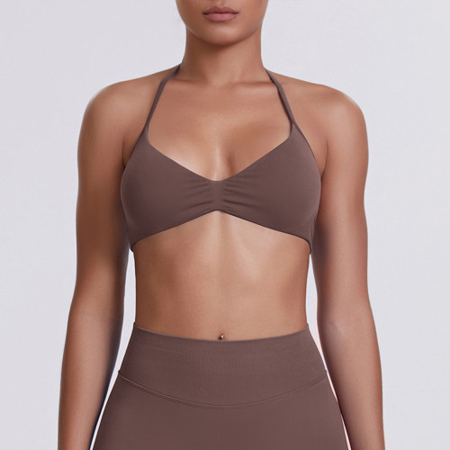 Cross-border seamless solid color backless tight-fitting high-elastic halter neck sports bra for running, fitness, and yoga for women
