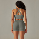 Cross-border seamless peach back five-piece set: solid color high-waisted tight-fitting jacquard backless bra, tank top, and yoga pants set