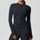 In-stock cross-border quick-dry naked-feel brushed gym zip-up jacket running sports tight-fitting long-sleeve yoga top for women