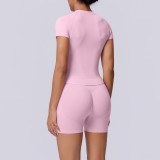 Cross-border European and American seamless solid color breathable tight-fitting high-elastic short-sleeve shorts set for women's sports, running, fitness, and yoga wear