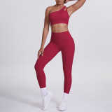 Cross-border European and American double-sided brushed nylon one-shoulder yoga outfit set with sports running fitness pocket pants two-piece set