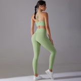 New antibacterial no-underwear yoga set with beautiful back cross-strap sports bra and long fitness yoga top two-piece set