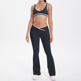 New cross-border double-sided brushed contrasting color tight-fitting breathable cross-over yoga outfit set for sports, running, and fitness two-piece set