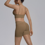 Cross-border seamless solid color backless tight-fitting breathable short high-elastic yoga outfit set for sports, running, and fitness