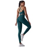 Cross-border European and American seamless knitted solid color high-elastic tight-fitting yoga outfit set, two-piece running and fitness wear for women
