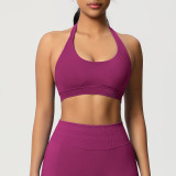 Cross-border solid color seamless backless high-elasticity tight-fitting halter neck sports bra for running, fitness, and yoga for women