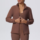 New cross-border solid color fleece-lined pocket stand-up collar zip-up casual sports jacket for running, fitness, and yoga for women