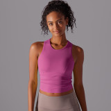 New double-sided nylon solid color tight-fitting tummy-covering round-neck sports vest for running, fitness, and yoga, long top for women