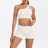 New cross-border European and American double-sided nylon brushed one-shoulder yoga outfit set for women, suitable for sports, running, and fitness