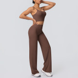 New cross-border brushed solid color backless tight-fitting breathable wide-leg yoga outfit set for sports, running, and fitness two-piece set