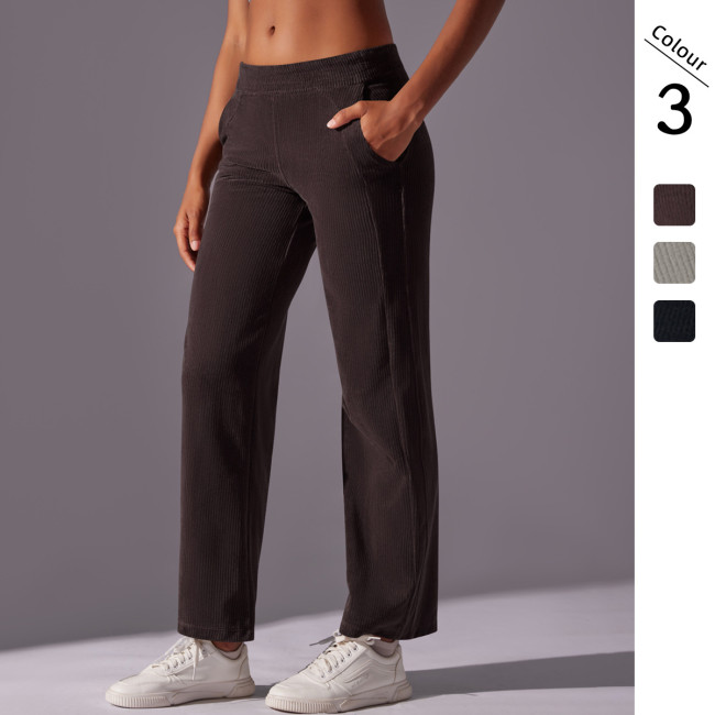 Clearance!Solid color corduroy ribbed casual pocket straight-leg pants, high-waisted, drapey, suitable for sports, running, and yoga, cropped length