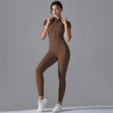 New solid color zippered tight-fitting high-elastic short-sleeved jumpsuit for sports, fitness, running, and yoga