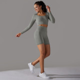 Cross-border European and American seamless knitted solid color polka dot high-elastic tight-fitting breathable yoga outfit set for running and fitness two-piece set