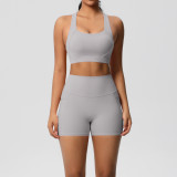 European and American cross-border double-sided brushed sports bra and pocket shorts two-piece set for Pilates, running, fitness, and yoga