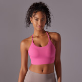 New brushed double-sided nylon solid color cross-back sports bra for women, suitable for running, fitness, and yoga