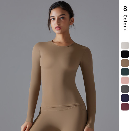 New double-sided brushed solid color long yoga shirt with long sleeves, high elasticity, breathable, suitable for sports, running, fitness, and casual wear for women