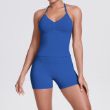 Cross-border seamless knitted solid color backless tank top and shorts yoga outfit set, tight-fitting running and fitness two-piece set