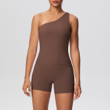 Cross-border double-sided brushed fabric seamless tight-fitting one-shoulder tank top and shorts sports set for running, fitness, and yoga two-piece outfit