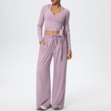 New cross-border solid color double-sided brushed drawstring long-sleeve vest three-piece sports running fitness yoga outfit set