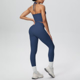 New cross-border brushed fabric backless tight-fitting halter neck high-waisted yoga outfit set for sports, running, and fitness two-piece set