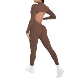 New cross-border double-sided nylon solid color backless hollow long-sleeve jumpsuit for sports, running, fitness, and yoga