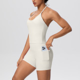 Cross-border solid color brushed fabric backless tight-fitting halter neck pocket yoga outfit set with sports running shorts two-piece set