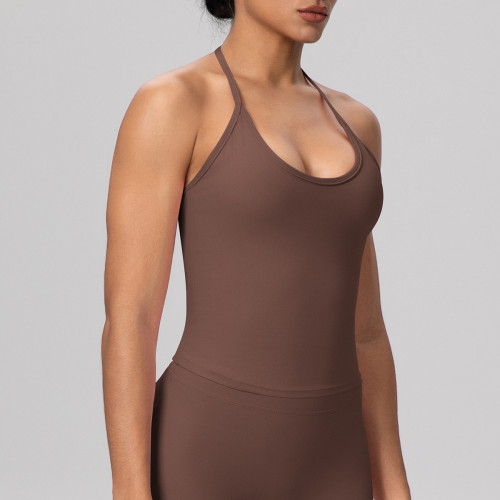 Cross-border European and American solid color high-elastic tight-fitting halter neck sports bra with beautiful back design for women, suitable for training, running, and yoga