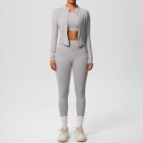 In-stock cross-border solid color brushed breathable tight-fitting fitness jacket three-piece sports running yoga outfit for women