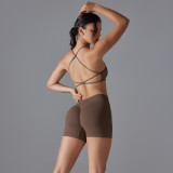 New seamless solid color cross-back high-elastic tight-fitting sports bra and yoga outfit set for running and fitness two-piece set