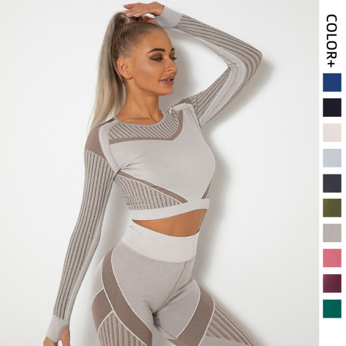 In stock!European and American internet celebrity seamless knitted sexy moisture-wicking long-sleeve yoga wear sports fitness running T-shirt