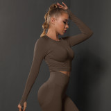 Cross-border European and American seamless tight-fitting solid color ruched sports long-sleeve top, high-elastic breathable running fitness yoga wear for women