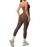 New cross-border double-sided brushed solid color backless tight-fitting breathable yoga outfit set for sports, running, and fitness two-piece set