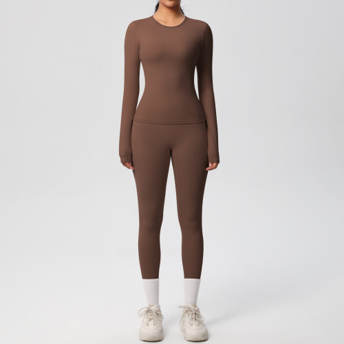 In-stock cross-border double-sided brushed solid color tight-fitting long-sleeve yoga outfit set for sports, running, and fitness two-piece set