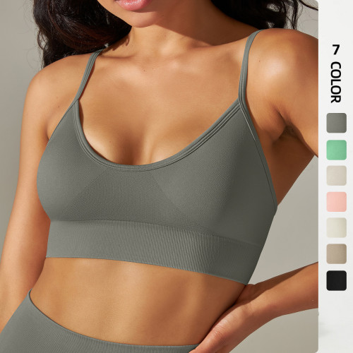 Cross-border European and American seamless knitted solid color backless sports bra without underwire for running, fitness, and yoga