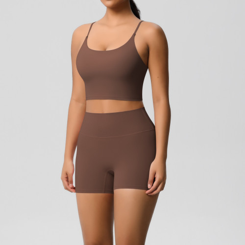 New cross-border brushed solid color beautiful back tight breathable yoga outfit set for women, suitable for sports, running, and fitness