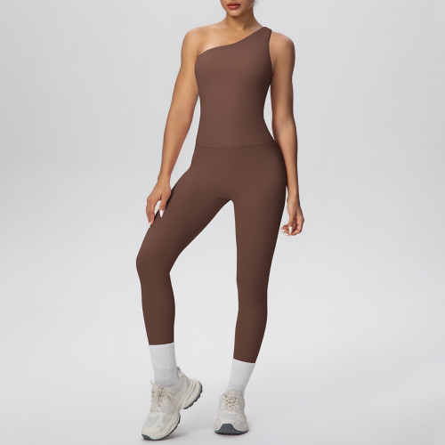 New cross-border double-sided brushed fabric seamless tight-fitting one-shoulder tank top sports set for running, fitness, and yoga, two-piece set